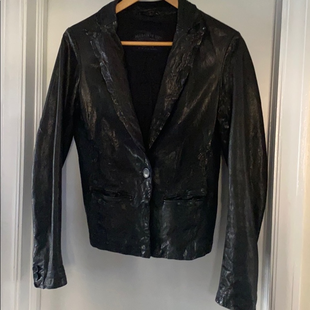 ALLSAINTS Black Leather Jacket Size ukTEN XS- SMALL